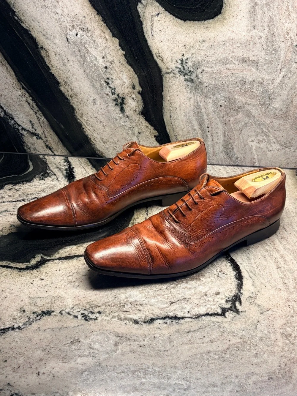 Santoni Men’s 12.5 US Brown Leather Cap Toe Oxford Dress Shoes Italy 11.5 UK